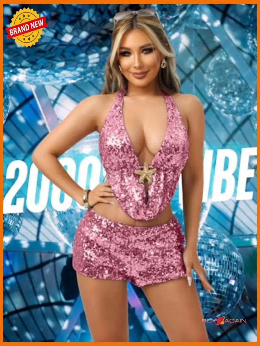 Sequin Two Piece Set - Cowl Neck Top & Booty Shorts - Club Rave Outfit - Picture 4 of 7